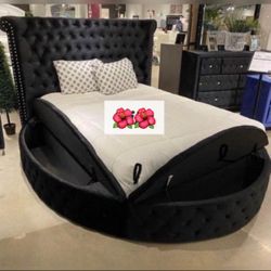 Black Velvet Tufted Round Bed With Storage 💥 Brand New ✨✨$39 Down Payment 📣