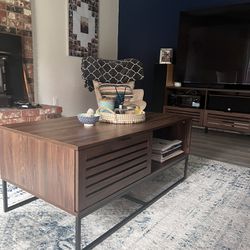 Wood Rectangle Coffee Table with Drawer Living Room Ottoman Storage Shelf, 42 Inch, Dark Walnut