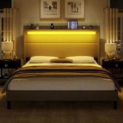 AMERLIFE king Bed Frame with LED Lights & Wingback Headboard, Light Grey $190