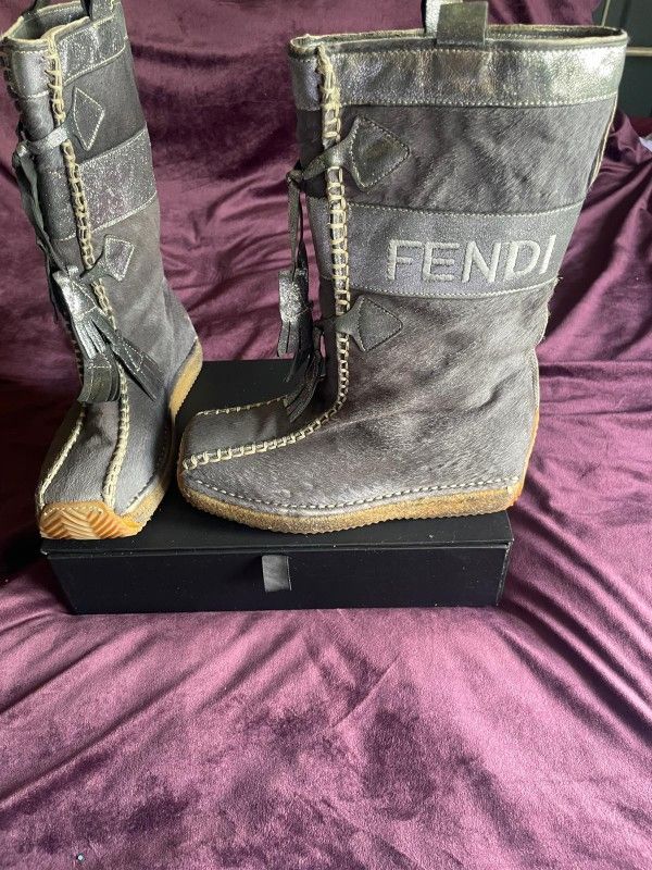 FENDI Vintage Grey Rabbit Fur Lined Snow Boots Sz 37