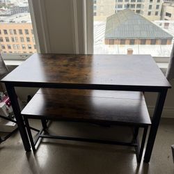 Dark Wood Dining Table w/ 2 Benches – Modern, Sturdy (Apartment Size)