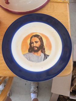 Decorative Blue Rim Religious Art Plate - Brand Unspecified. Is dirty/has stains from age/use