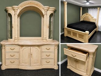 Ornate Cream Bedroom Set with Four-Poster Bed