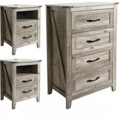 3PCS Dresser and Nightstand Sets, Farmhouse Dresser Set, 4 Drawer Dresser and 2 Drawer Nightstand Set of 2 with USB, Rustic Wooden Dresser Set for Bed