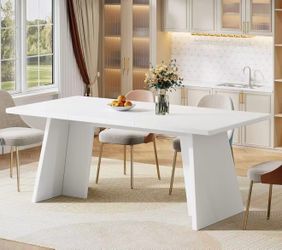 HL0211 White Dining Table, 63" Modern Kitchen Table with Glossy Tabletop and Double Robust Pedestal, Large Rectangle Wooden Eating Furniture for Dinin