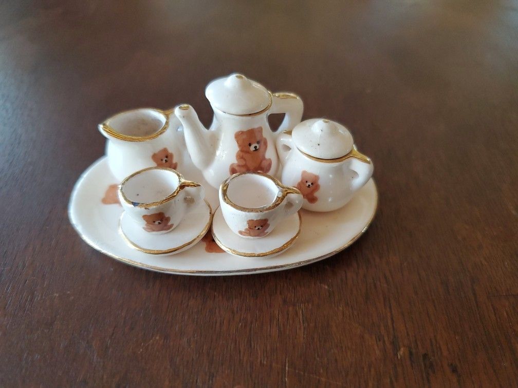 Little Bitty Miniature Bear Tea Set: Teapot, Creamer/Sugar, 2 Cups & Saucers & 1 Serving Tray
