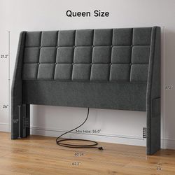 Ergonomic Headboard Queen Size with Charging Station, Dark Grey Linen Wingback Headboards Queen with 2 Storage Pockets, Upholstered Headboard Only, 2 