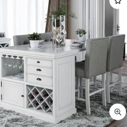 5PC TABLE SET ANTIQUE WHITE WITH WINE RACK ,STORAGE SHELF DESIGN & PADDED FABRIC GRAY COUSHIONS $999 