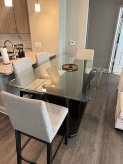 Modern Glass Counter-Height Dining Table + 4 Upholstered Chairs