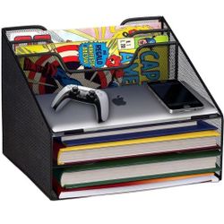 Halter Mesh Desk Accessories and Workspace Organizer, Paper Tray Organizer, 5 Compartments, 3 Letter Trays, 2 Vertical Upright Folder Holders, Paper S