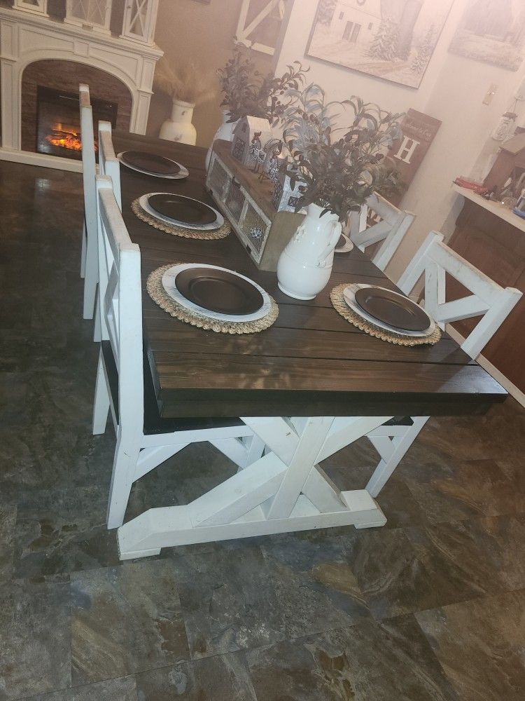 Large Solid Wood Heavy Rustic Farmhouse Kitchen Table Set 