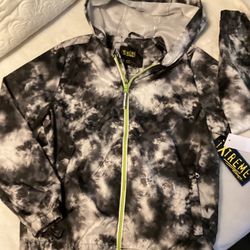 Boys Size 10/12 Windbreaker Rain Jacket NEW Black-Grey Tie Dye Neon Zip Accent