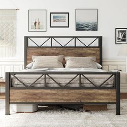 Queen Bed Frame, Tall Industrial Headboard 51.2 ", Platform Bed Frame with Strong Metal Support, Solid and Stable, Noise Free, No Box Spring Needed, E