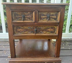 Solid Wood & Genuine Leather End Table – 3 Drawers