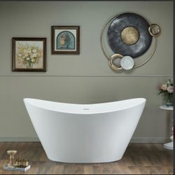 EST0016，59 in. x 29.13 in. Stone Resin Luxury Contemporary Solid Surface Freestanding Bathtub in Matte White。