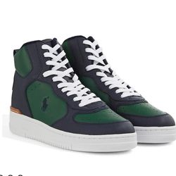 Polo Ralph Lauren Men's Masters Mid Leather High-Top Sneakers, (Navy/Green) Size 12M 
