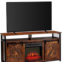 48" Electric Fireplace TV Stand for TVs up to 65" Media Entertainment Center Console Table with Open Storage Shelves＆Sliding Barn Doors Cabinets Flame