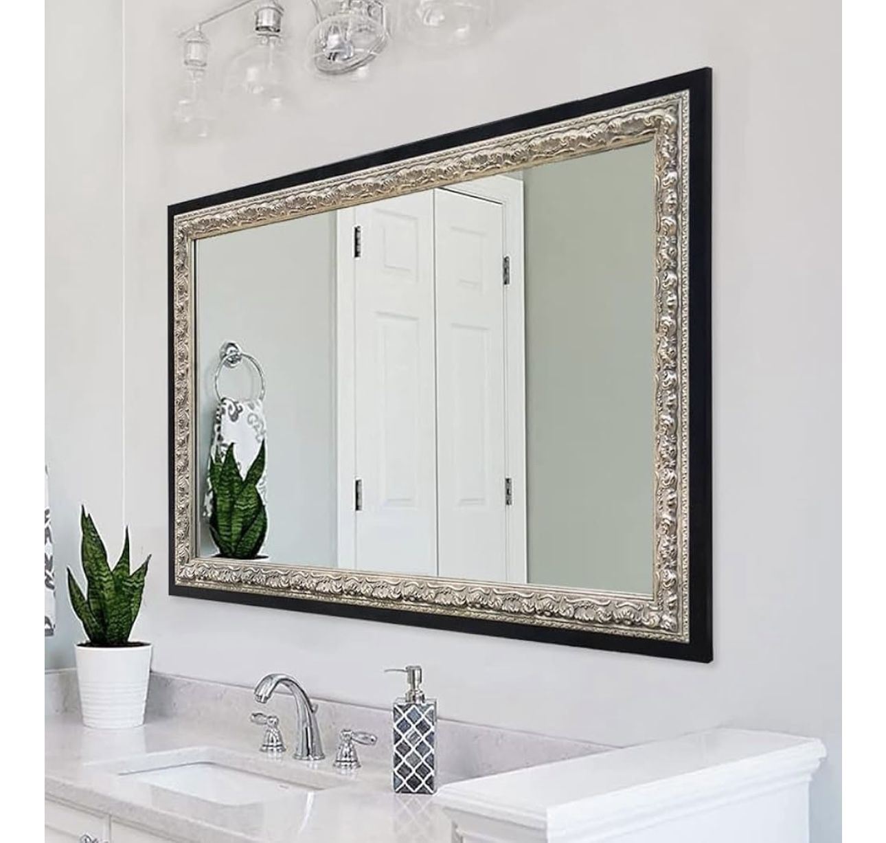 New- Vintage Silver Ornate Wood Frame Mirror