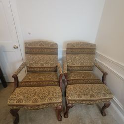 Luxurious Antique (2) Oversized Elephant Print Cloth Dining Chairs With Claw feet.