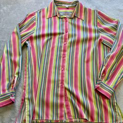 Foxcroft Women’s Shirt Button Up Bright Striped Wrinkle Free Colorful Size 10