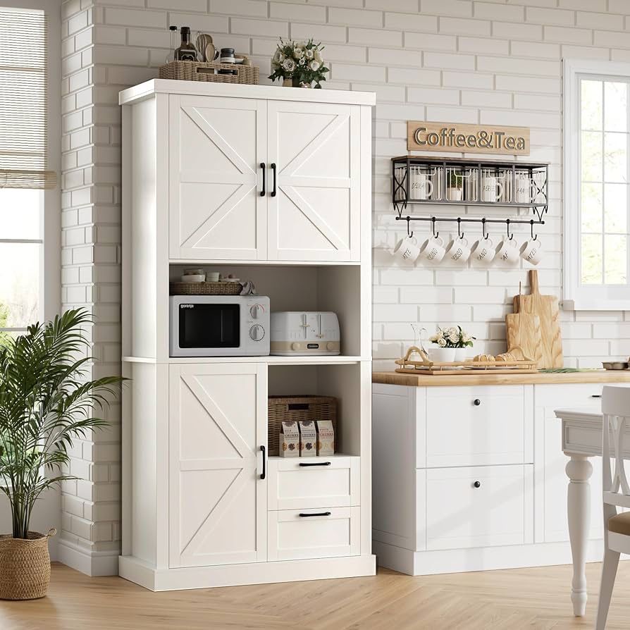 76" Tall Farmhouse Kitchen Pantry Cabinet, Kitchen Hutch Bar Cabinet with Drawers & Shelves, Large Wood Storage Cabinet with Barn Doors & , White