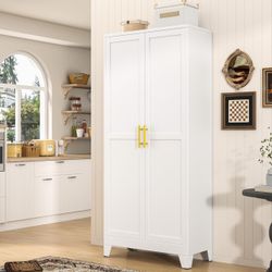 2497c $110  71" Tall Metal Pantry Storage Cabinet with Doors and 4 Adjustable Shelves, White Kitchen Food Pantry Cabinets, Tall Freestanding Cupboard 