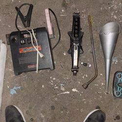 Car Jack Kit, Lug Wrench, Battery Charger & Funnel Bundle