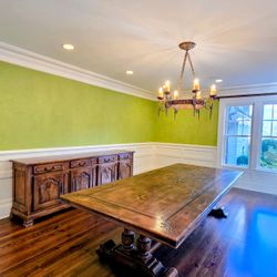 Louis XIII French Carved Walnut Trestle Table with Fleur-de-Lis Motifs and Credenza