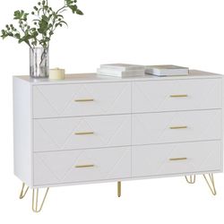 White Dresser, Modern Dresser for Bedroom, 6 Drawer Dressers with Wide Drawers and Metal Handles, Storage Chest of Drawers for Living Room Hallway Ent