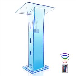 Acrylic Podium Stand, 43” Pulpit for Churches with 15 Colors Adjustable, Modern Lectern with Storage Shelf for Classroom, Conference, Wedding and More