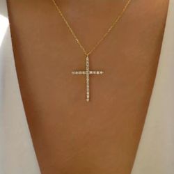Golden Rhinestone Cross   Crystal Necklac