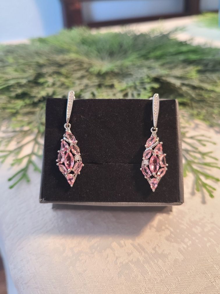 Beautiful created pink amethyst silver filled earrings