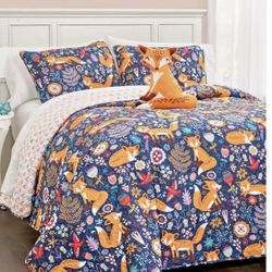 Pixie Fox Reversible Quilt Bedding Set 3-Piece Twin Navy & Orange Kids Comforter