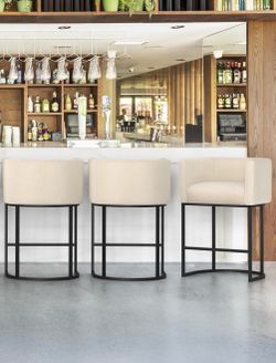 LUE BONA Counter Height Bar Stool Set of 3, 26” H Modern Bar Stools with Barrel Backrest and Armrest, Linen Upholstered Kitchen Island Bar Chairs with