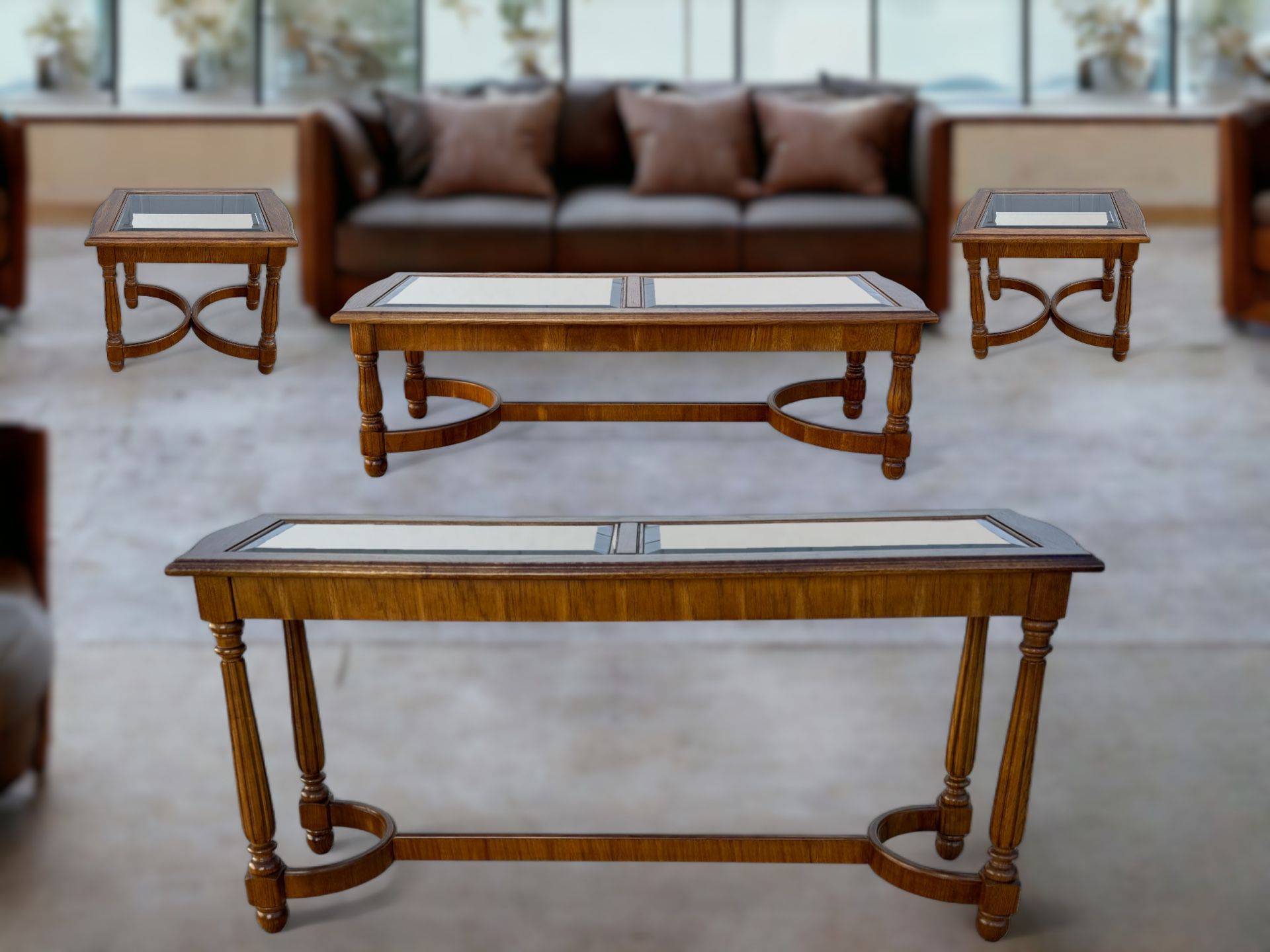 Brown Wood & Glass 4-Piece Living Room Table Set