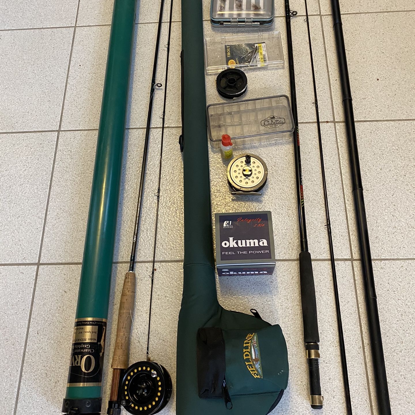 Orvis Rod, Okuma Reel, Flies, Net, Walking River Stick,  Shakspear Rod and Reel , More  