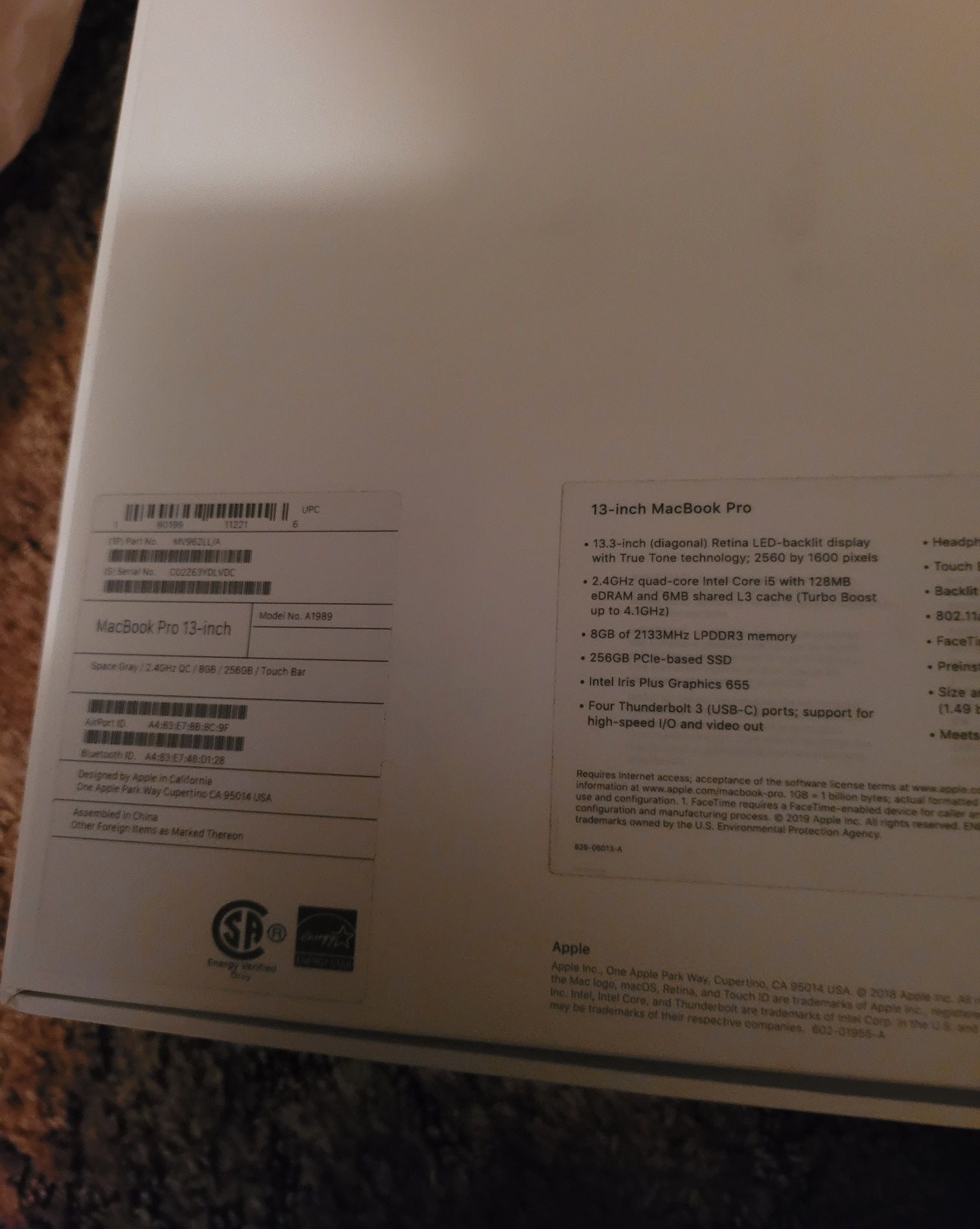 2019 MacBook Pro Premium 2.4 ghz (turbo boost upto 4.1ghz) quad core processor