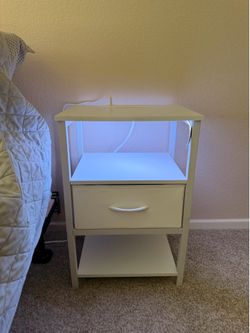 Night Stand with Charging Station, LED Nightstand for Bedroom, Bedside Tables with Adjustable Fabric Drawer, 3-Tier End Table Living Roo