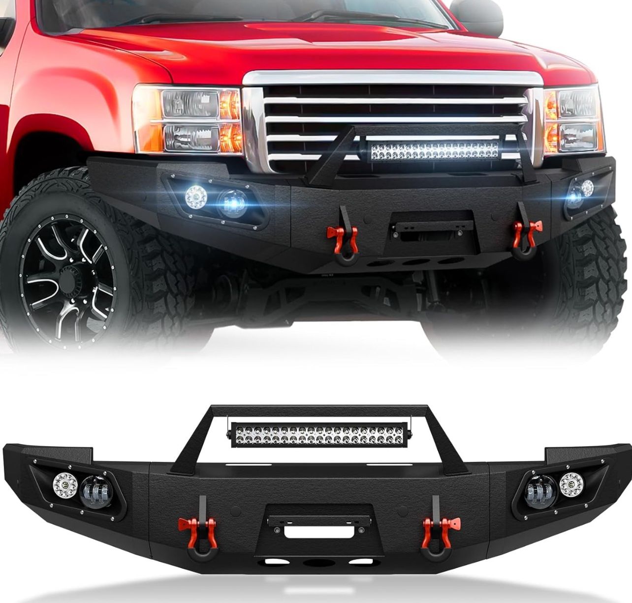 Pickup Truck Bumper Front Bumper Compatible with 2007-2013 GMC Sierra 1500 Off-Road Equipped with 5 x LED Lights, License Plate Bracket, Winch Plate,