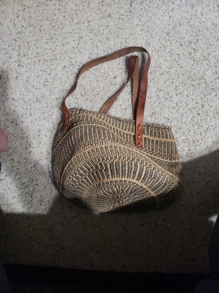 Woven Tote Bag Brown Leather Strap  Bucket Bag / Purse