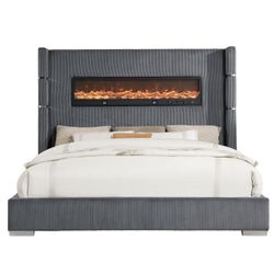 All New Black Or Gray Velvet Queen Remote Control Fireplace With Bluetooth Audio System 