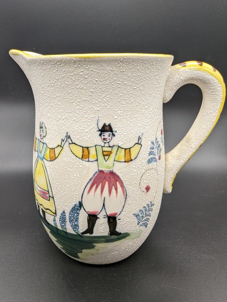 Vintage Pitcher  Hand Painted  Dutch  Holland  European Scenes  6 3/4" T by 6 W