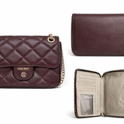 Nine West Quilted Burgundy Crossbody Bag Gold Chain Strap Small Shoulder Purse