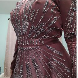 Burgundy Beaded Long Sleeve Formal Gown