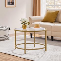 Round Glass Coffee Table with Metal Frame, Circle Coffee Table for Home, Office, Apartment