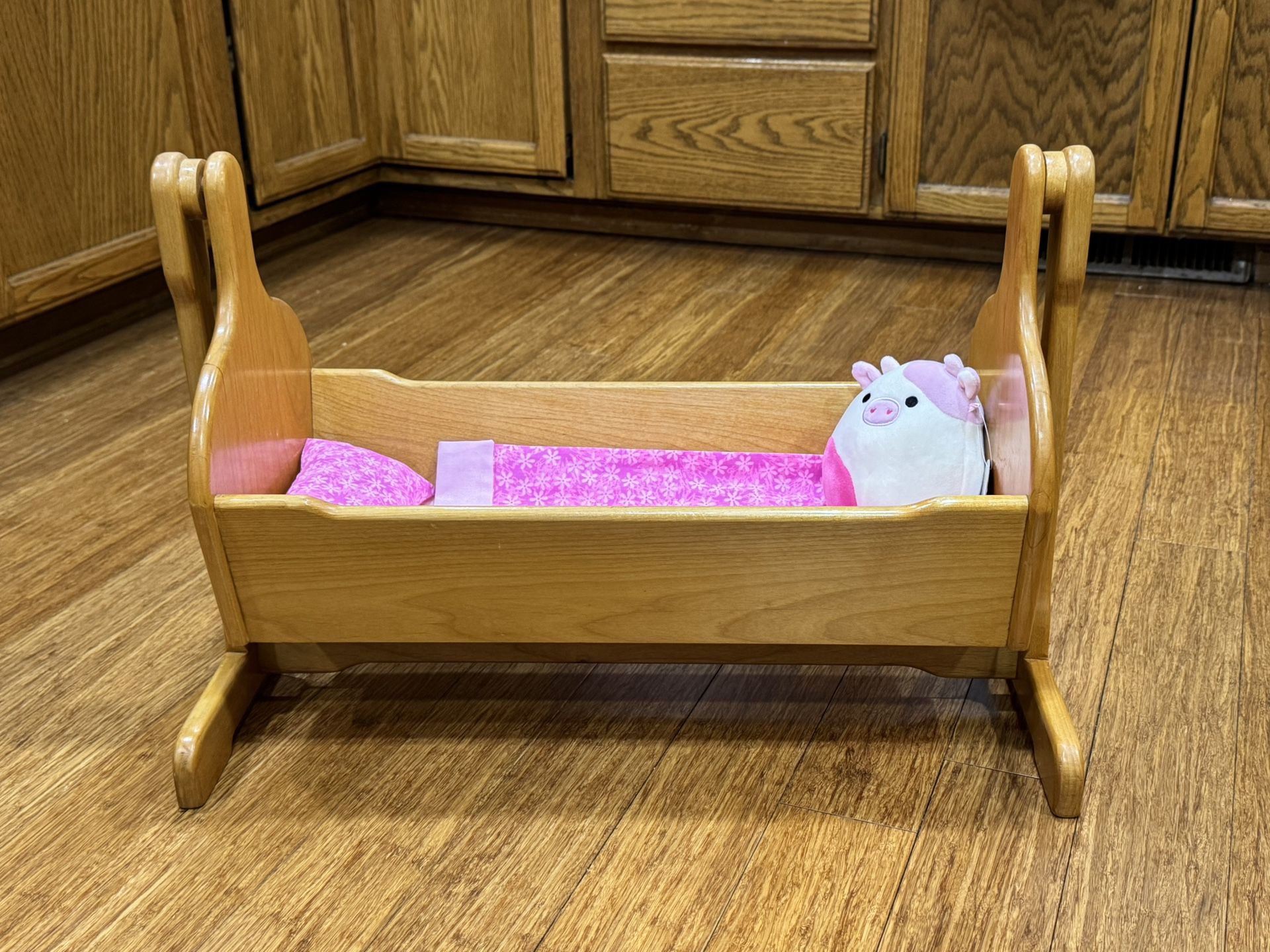Beautifully Finished Handcrafted, Rocking Doll Cradle/ Bed with Handmade Mattress, Blanket & Pillow