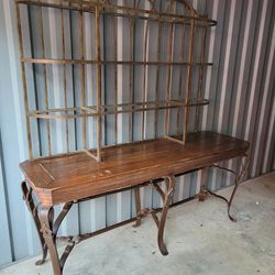 Designer BAKERS RACK with Glass Shelves, Heavy Iron Legs, and hand Scraped Walnut