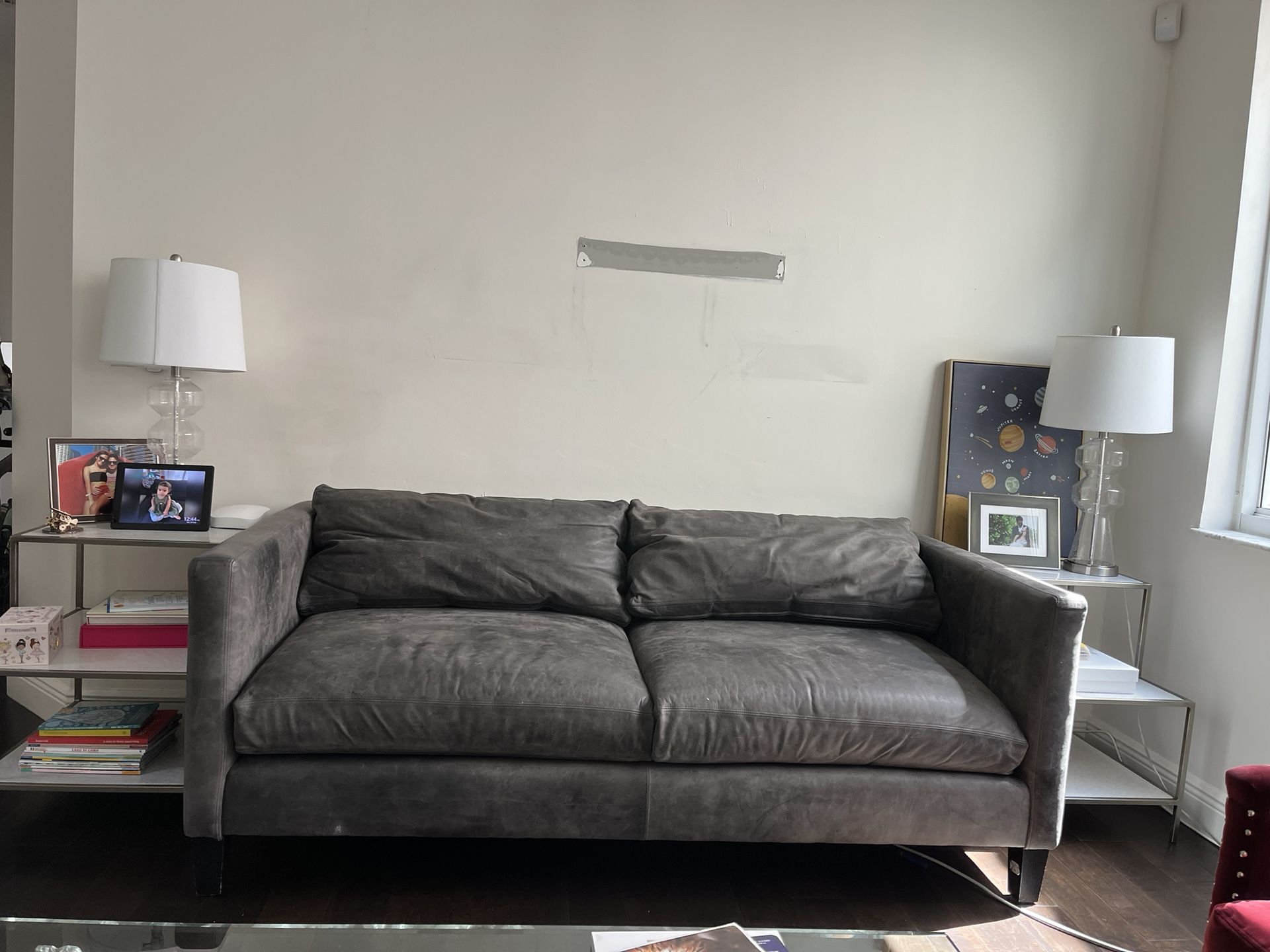 Grey Leather Rugged Style Couch
