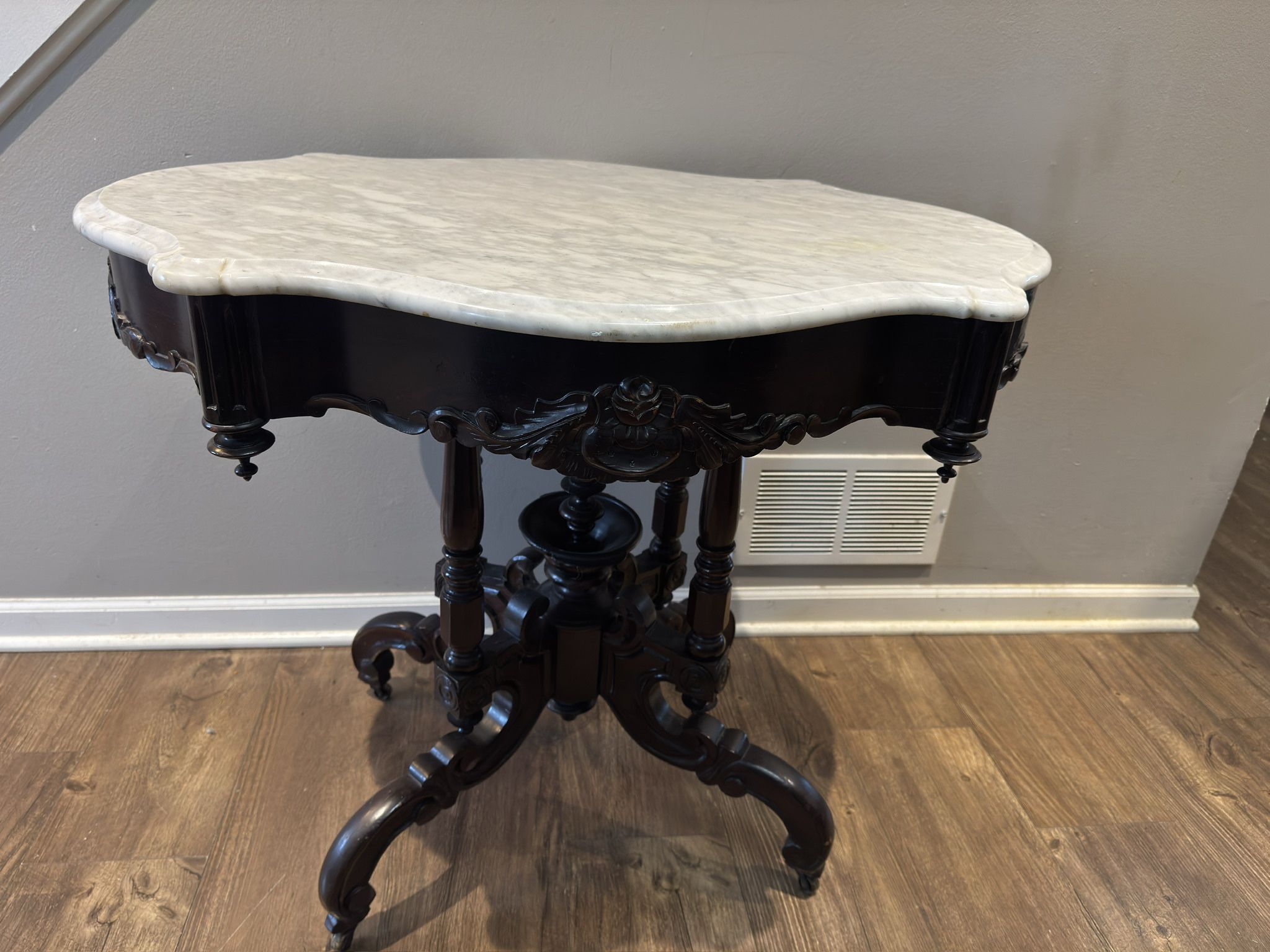 Antique Victorian Oval Carved Walnut Marble-Top Parlor Table, circa 1890