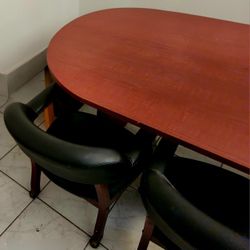 Rich Oak Dining Table & Leather Rolling Armchairs